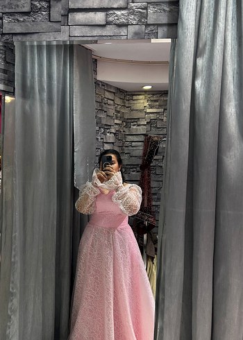 Pembe Dantel Uzun Kollu Midi Abiye - Görsel 4