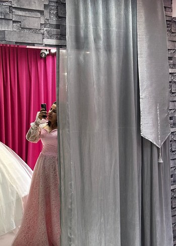 Pembe Dantel Uzun Kollu Midi Abiye - Görsel 3