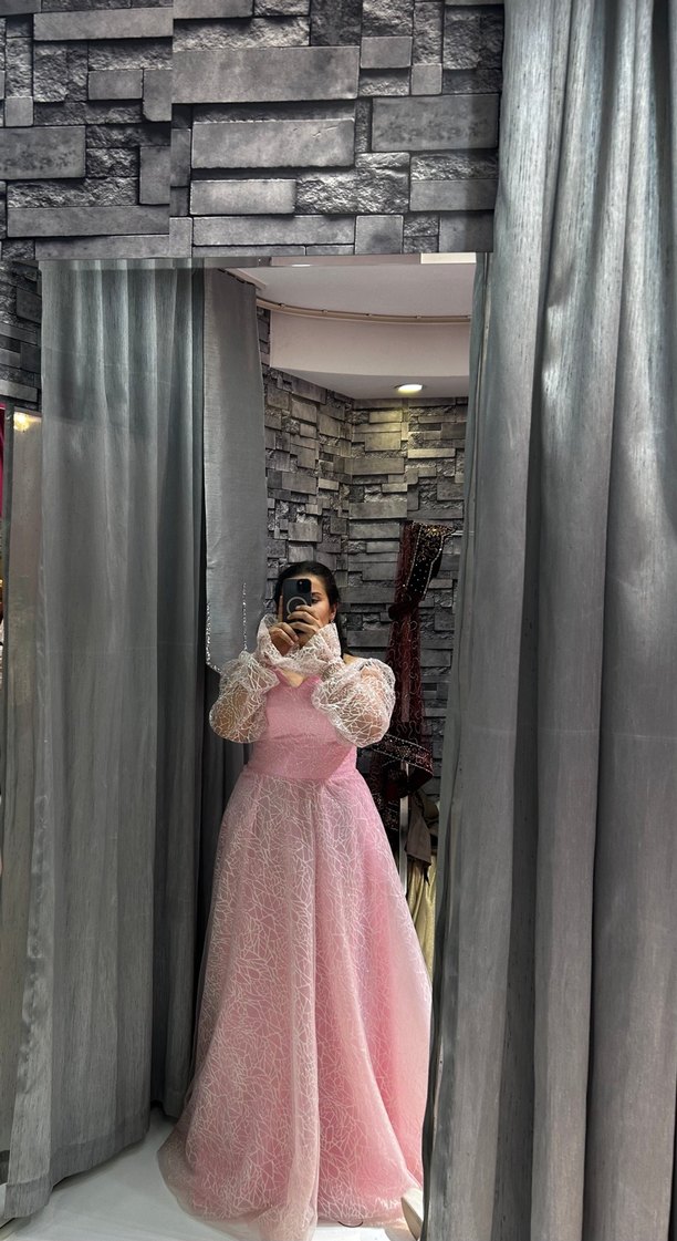 Pembe Dantel Uzun Kollu Midi Abiye - Görsel 4