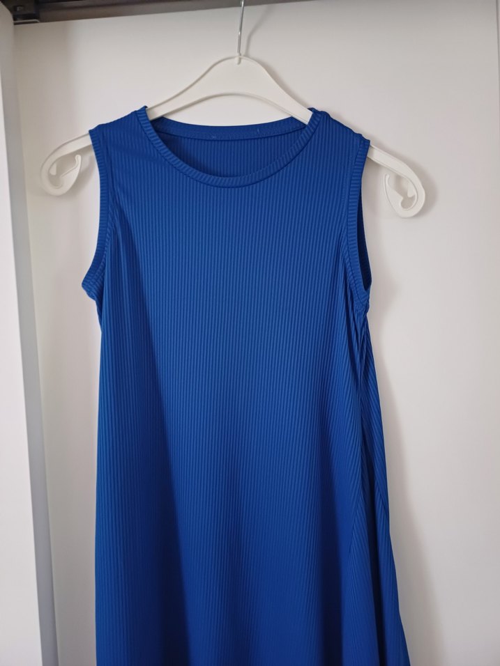 Mavi  askılı Pliseli Kadın Elbise - Görsel 2