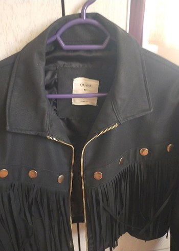 Siyah Deri Püsküllü Mini Ceket - Görsel 2