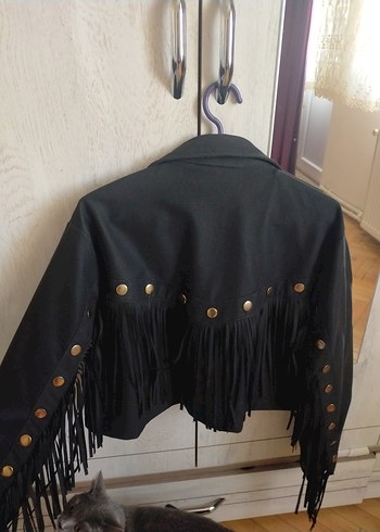 Siyah Deri Püsküllü Mini Ceket - Görsel 4