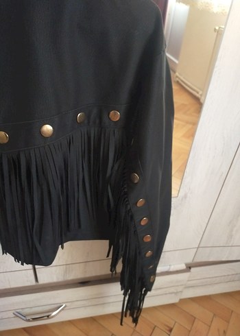 Siyah Deri Püsküllü Mini Ceket - Görsel 3