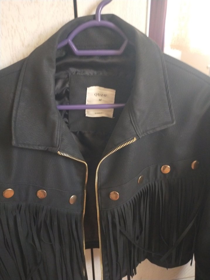 Siyah Deri Püsküllü Mini Ceket - Görsel 2