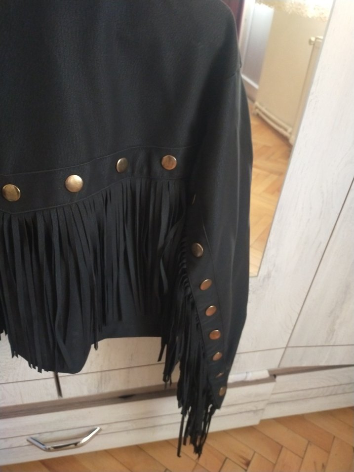 Siyah Deri Püsküllü Mini Ceket - Görsel 3