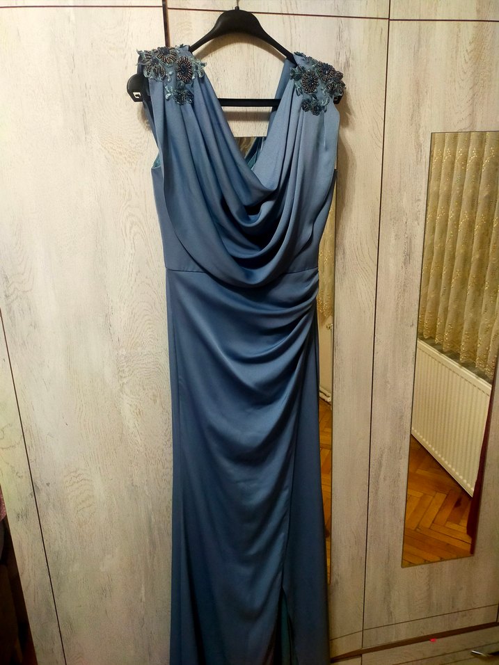 Drapeli V Yaka Uzun Mavi Abiye Elbise - Görsel 3