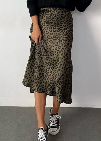 Diğer Leopar Desenli Midi Salaş Etek