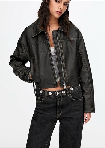 Pull and Bear Siyah Deri Biker Ceket, Kemer Detaylı