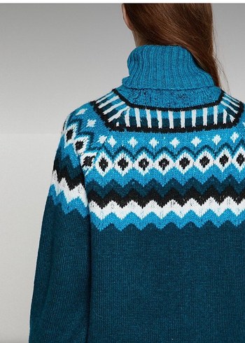 Bohem Tarz Turkuaz Örgü Yüksek Yakalı Kazak - Görsel 2