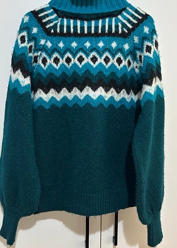 Bohem Tarz Turkuaz Örgü Yüksek Yakalı Kazak - Görsel 4