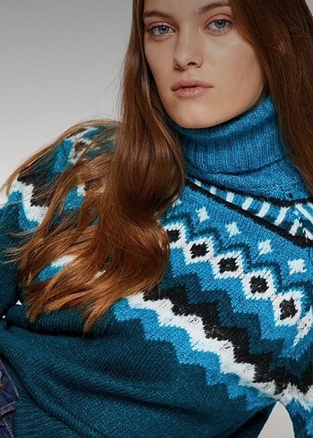 Bohem Tarz Turkuaz Örgü Yüksek Yakalı Kazak - Görsel 3