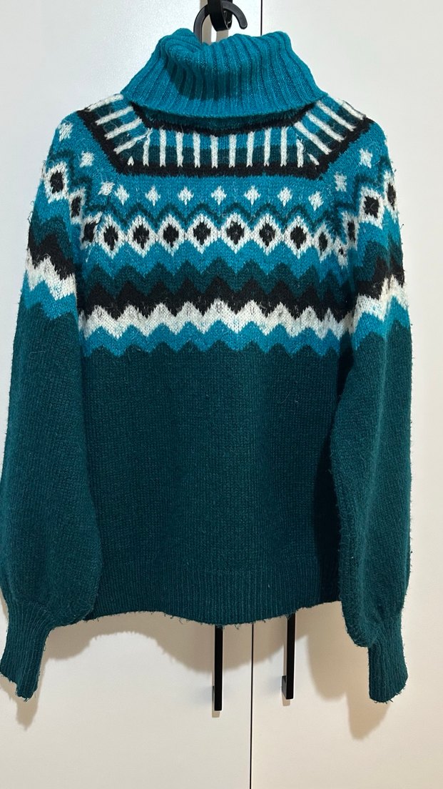 Bohem Tarz Turkuaz Örgü Yüksek Yakalı Kazak - Görsel 4