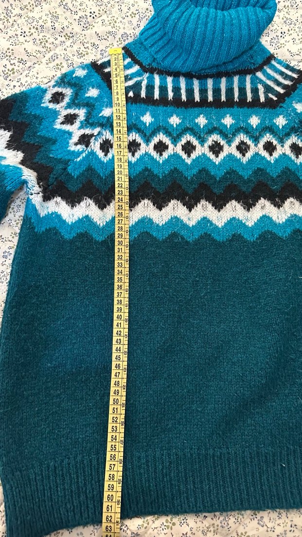 Bohem Tarz Turkuaz Örgü Yüksek Yakalı Kazak - Görsel 5