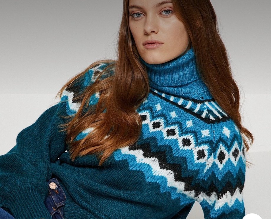Bohem Tarz Turkuaz Örgü Yüksek Yakalı Kazak - Görsel 3