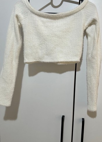 Beyaz V Yaka Uzun Kollu Crop Top - Görsel 4