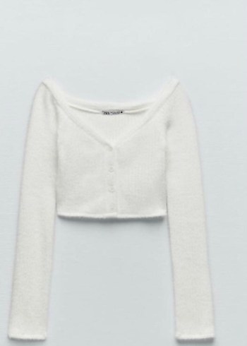 Beyaz V Yaka Uzun Kollu Crop Top - Görsel 2