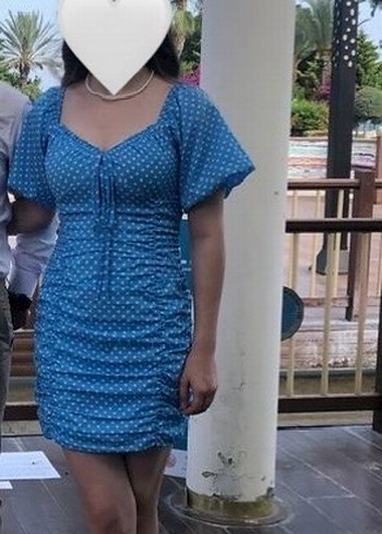 Mavi Puantiyeli V Yaka Mini Elbise - Görsel 3