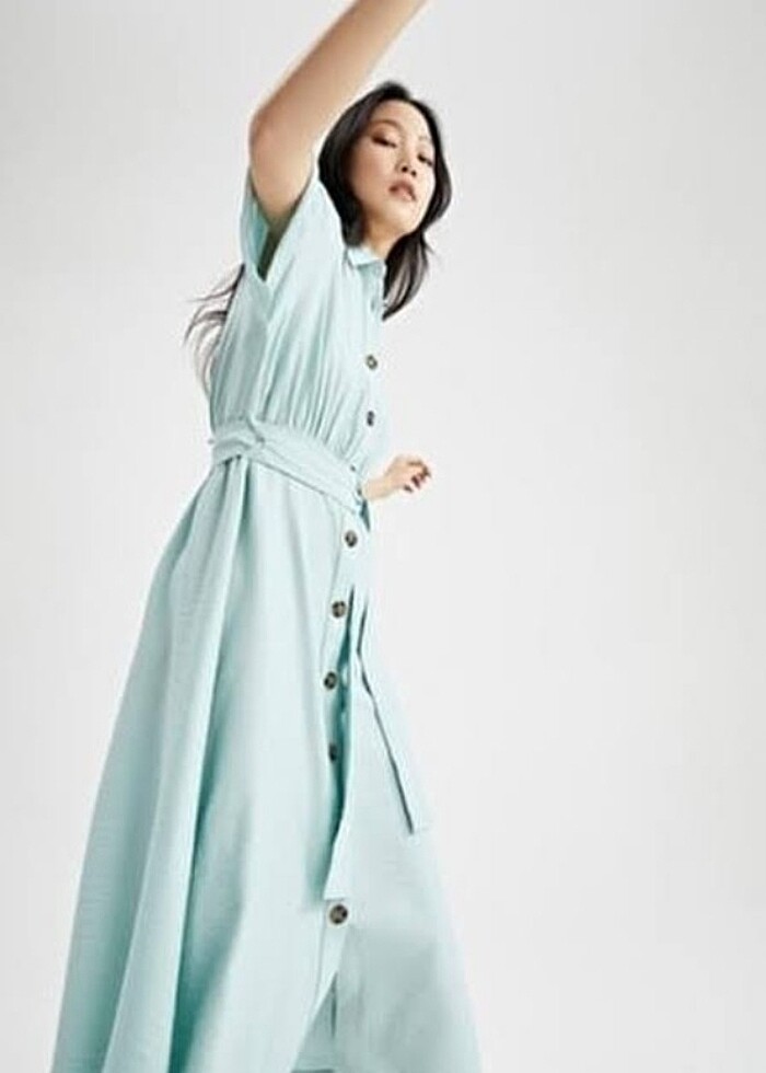 Defacto Keten Görünümlü Kısa Kollu Gömlek Elbise  - Görsel 2