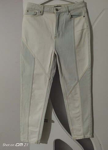 Açık mavi- beyaz yüksek bel mom jeans 100% pamuklu pantolon 