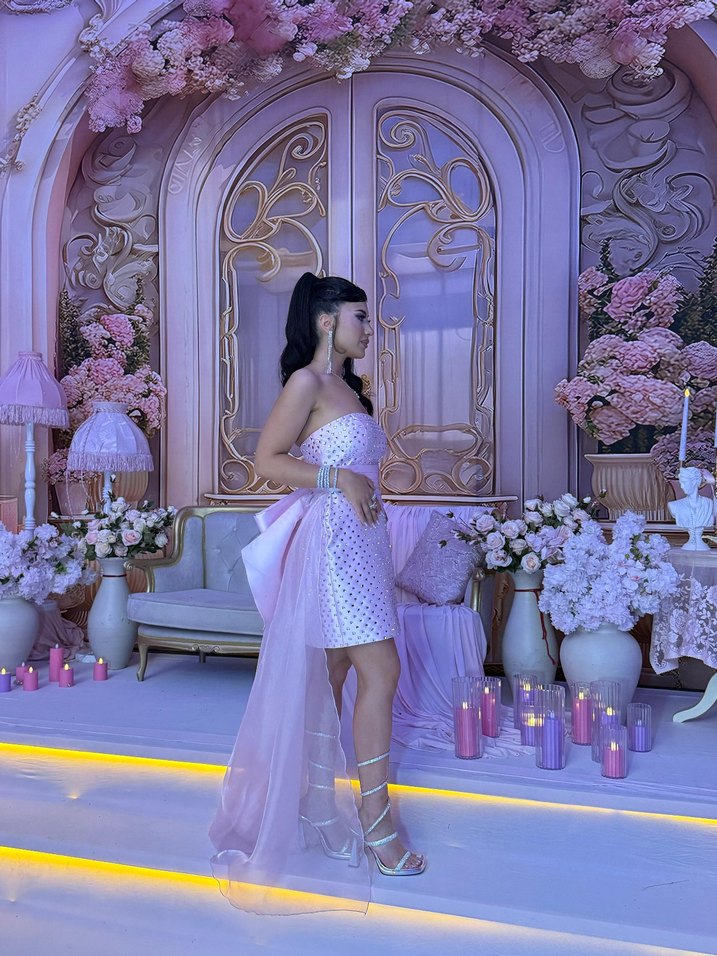 Pembe Straplez Taşlı Abiye Elbise - Görsel 4