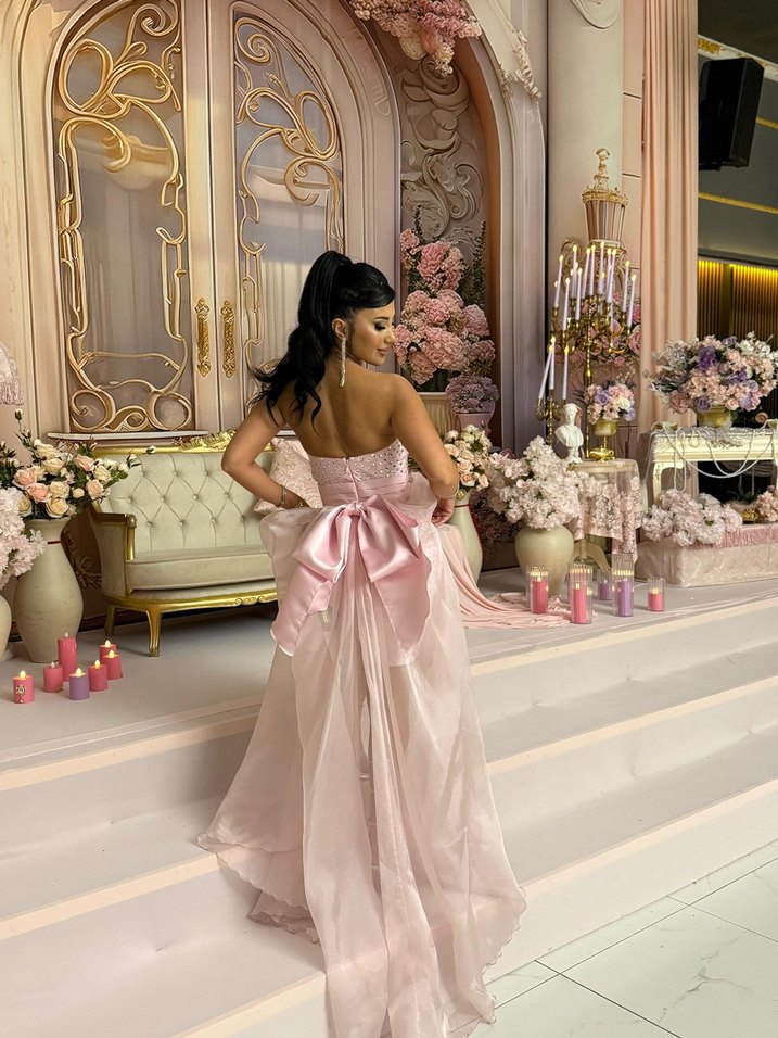 Pembe Straplez Taşlı Abiye Elbise - Görsel 2