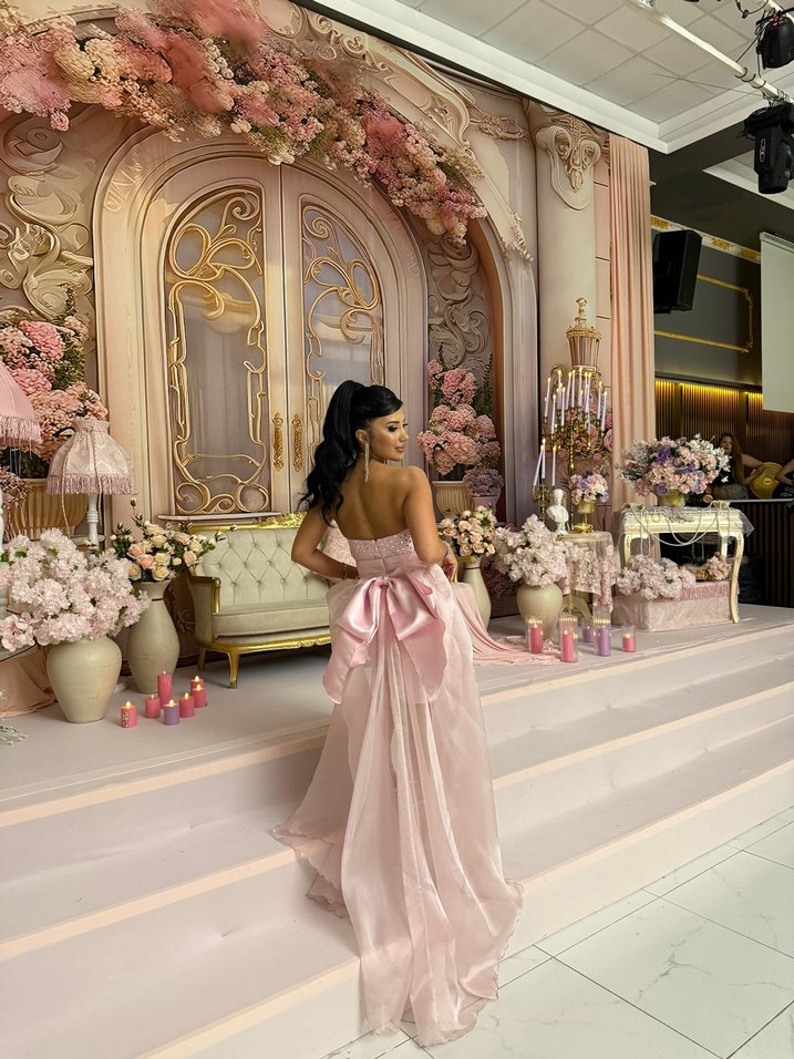 Pembe Straplez Taşlı Abiye Elbise - Görsel 3