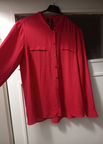 Kırmızı Düğmeli Uzun Kollu Kadın Gömlek - Görsel 2