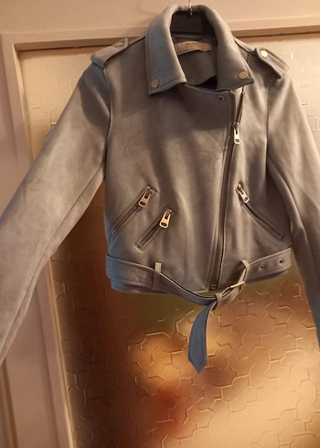 Kadın acik mavi nubuk  Deri Kemerli Kısa Ceket - Görsel 2