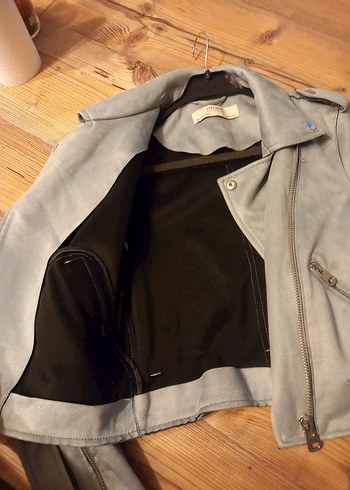 Kadın acik mavi nubuk  Deri Kemerli Kısa Ceket - Görsel 6