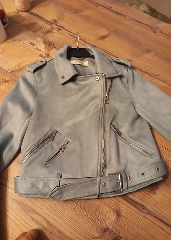 Kadın acik mavi nubuk  Deri Kemerli Kısa Ceket - Görsel 3