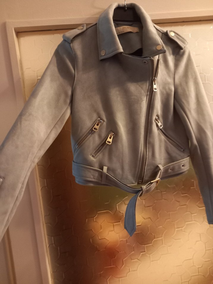 Kadın acik mavi nubuk  Deri Kemerli Kısa Ceket - Görsel 2