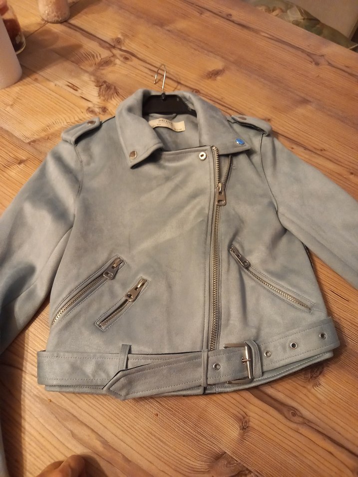 Kadın acik mavi nubuk  Deri Kemerli Kısa Ceket - Görsel 3