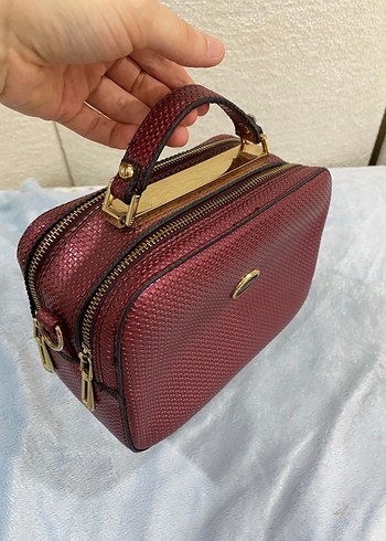 Bordo Deri Yılan Desenli Kadın Çanta - Görsel 2