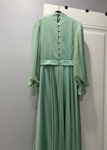 Uzun Kollu Yeşil Drapeli Abiye Elbise - Görsel 5