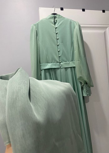 Uzun Kollu Yeşil Drapeli Abiye Elbise - Görsel 6