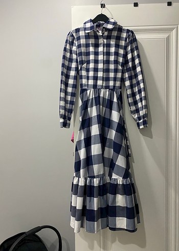 Ekose Desenli Uzun Mavi Kadın Elbise - Görsel 3