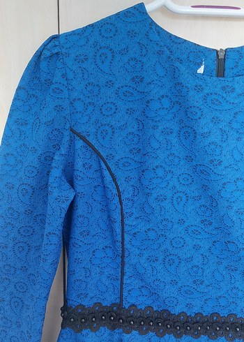 Uzun Kollu Kemer Detaylı Mavi Uzun Elbise - Görsel 2