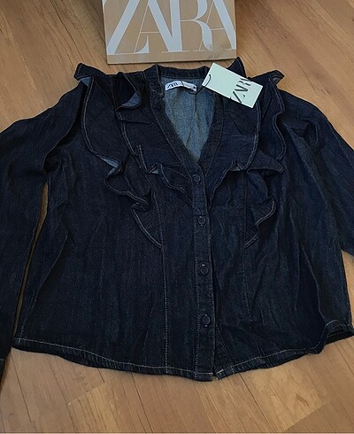s Beden lacivert Renk Zara fırfır detaylı denim kot gömlek