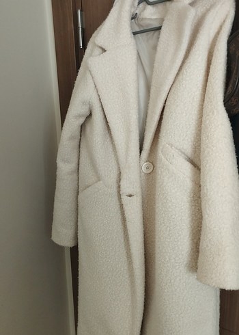 Beyaz Midi Boy Peluş Kadın Kaban