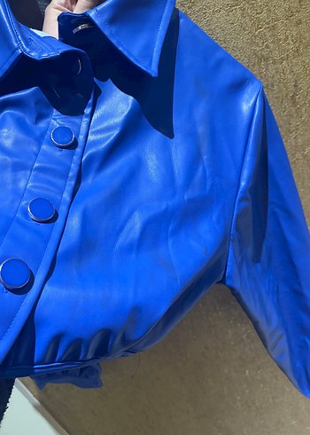 Düğmeli saks Mavi Deri Kadın Ceket - Görsel 3