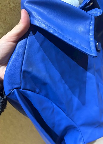 Düğmeli saks Mavi Deri Kadın Ceket - Görsel 4