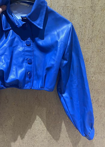 Düğmeli saks Mavi Deri Kadın Ceket - Görsel 5