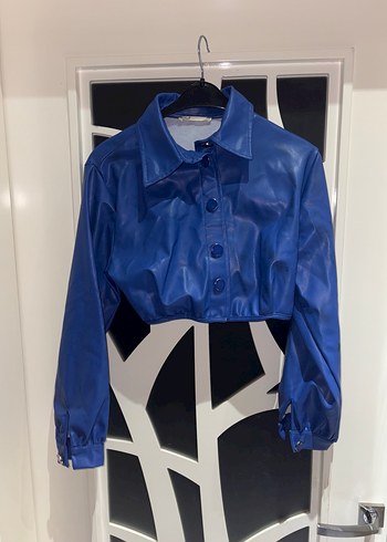 Düğmeli saks Mavi Deri Kadın Ceket - Görsel 9