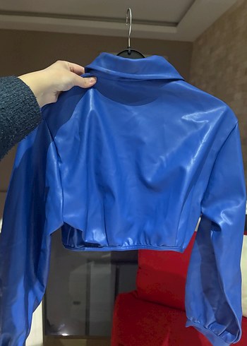 Düğmeli saks Mavi Deri Kadın Ceket - Görsel 7