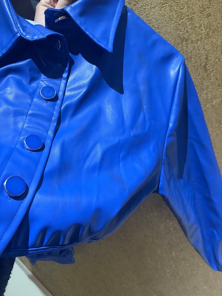 Düğmeli saks Mavi Deri Kadın Ceket - Görsel 3