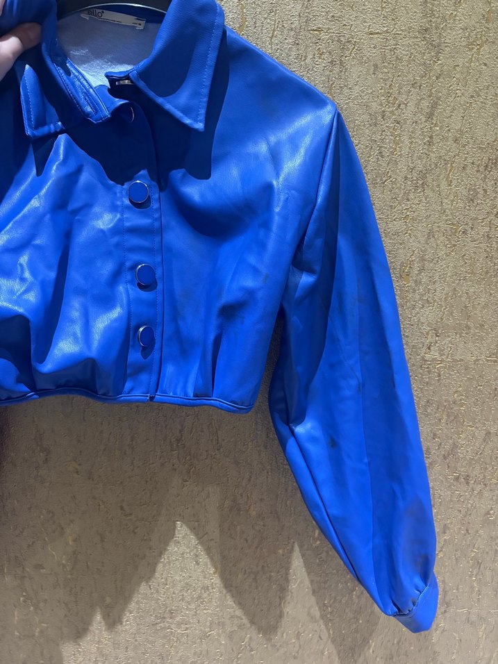 Düğmeli saks Mavi Deri Kadın Ceket - Görsel 5