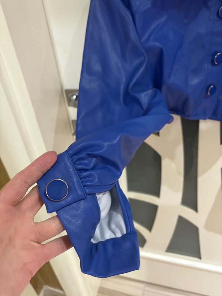 Düğmeli saks Mavi Deri Kadın Ceket - Görsel 2