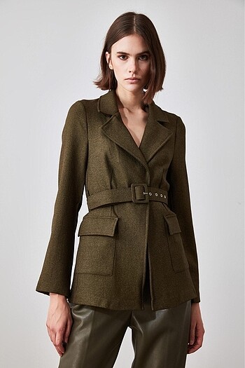 Haki kemer detaylı blazer ceket