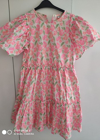 Pembe Çiçek Desenli Kız Çocuk Elbise