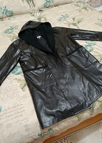 Siyah Deri Uzun Kadın Ceket - Görsel 5